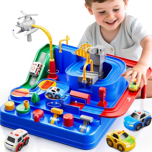 KIZONLY Car Race Track for Kids Ages 3 Kids Car Toys for 3 Year Old Boys Race Track for Toddlers 3 City with 3 Small Cars and Helicopter Educational Birthday Gifts - Image 1