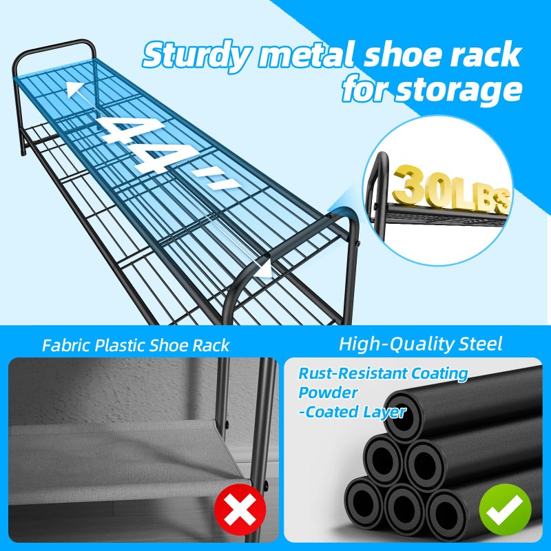 MWQ 2 Tier Shoe Rack for Closet, 44 Inch Extra Long Shoe Storage Organizer for Shelves, Heavy Duty Metal, Easy Assembly, Black - Image 4