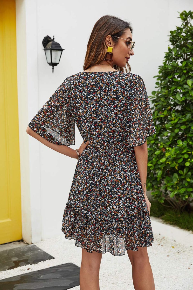 Manydress Women's Summer Floral Print V Neck Casual Mini Boho Ruffle Swing Dress MY068 (Black Print, M) - Image 2