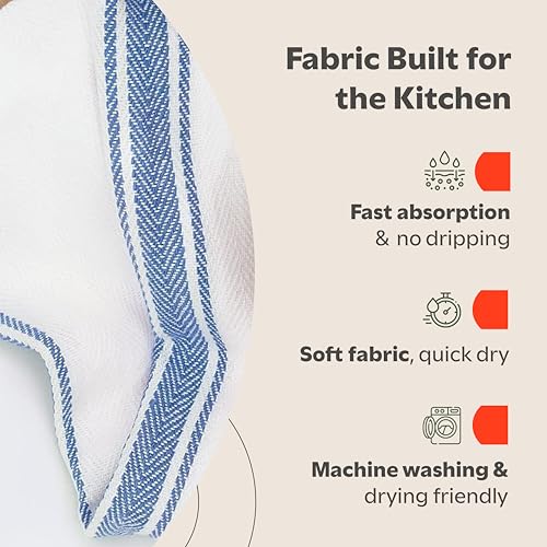 Zeppoli Classic Kitchen Towels - 30 Pack 100% Natural Cotton Towel Set, Reusable Wash Cloths, Absorbent Dish Towels, Machine Washable Hand Towels, Kitchen Essentials - 14” by 25”, Blue Striped - Image 4