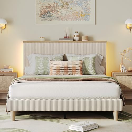 Bestier Queen Bed Frame with Adjustable Headboard LED Lighting Corduroy Upholstered Platform Bed Frame with Storage Shelf Solid Wood Slats No Box Spring Needed Never Squeak Easy Assembly Beige