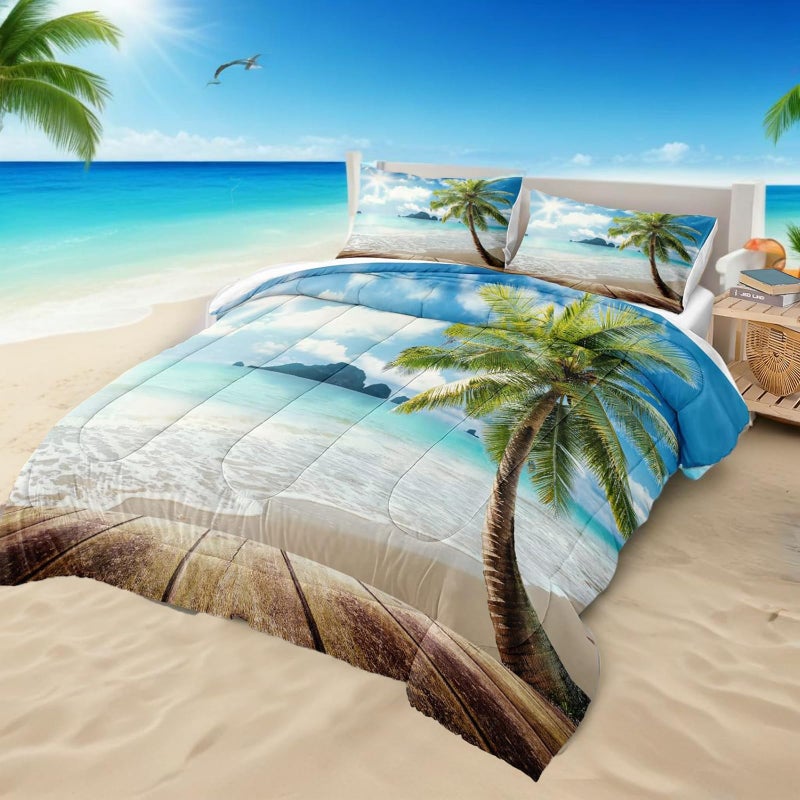 Bedbay Coastal Beachy Comforter Set King Beach Themed Comforter Bedding Set Tropical Palm Tree Quilt Set 3 Pcs Beach Room Decor Ocean Coastal Bedding Set King Duvet Set - Image 2