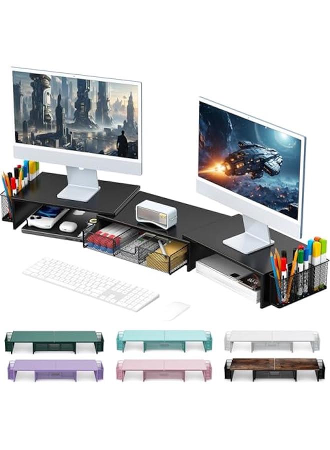 Arabest Dual Monitor Stand Riser, Desk Organizer With Drawer and 2 Pen Holders, Computer Monitor Stand, Desk Shelf for Top of Desk, Balck  - Image 1