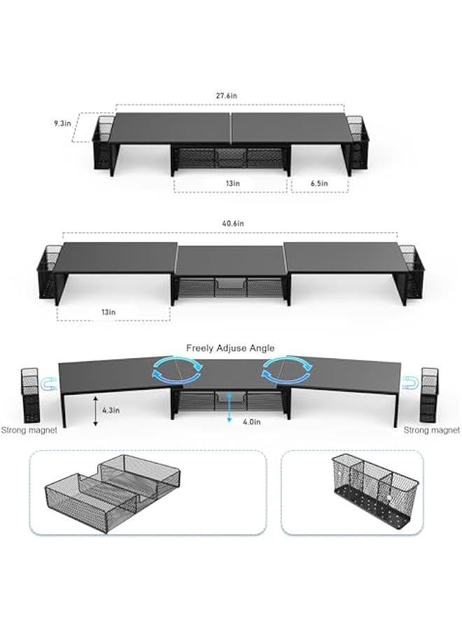 Arabest Dual Monitor Stand Riser, Desk Organizer With Drawer and 2 Pen Holders, Computer Monitor Stand, Desk Shelf for Top of Desk, Balck  - Image 3