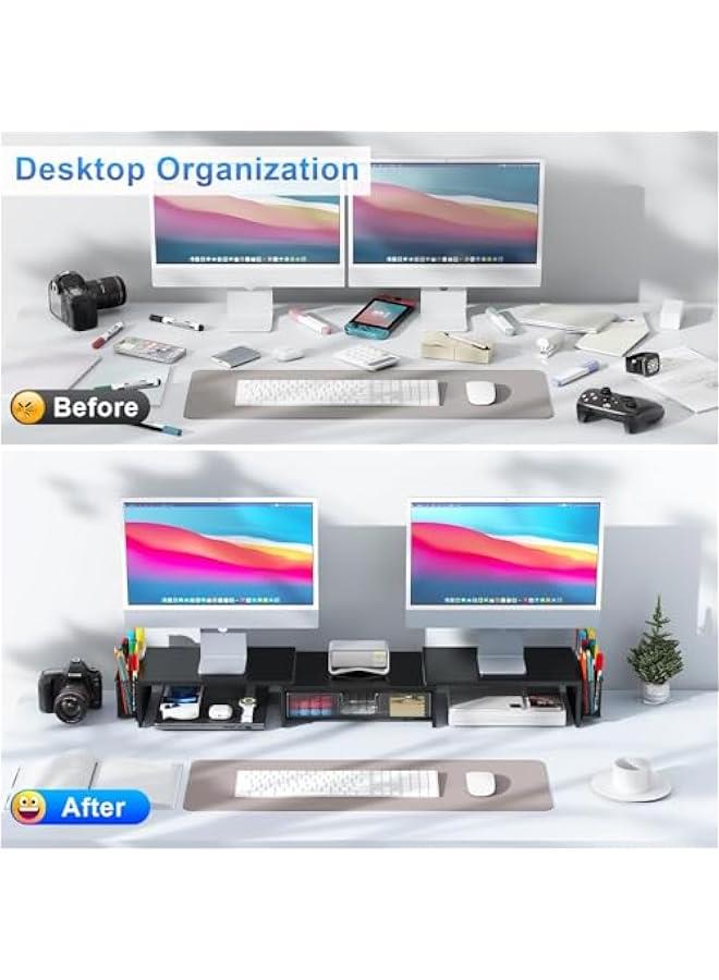 Arabest Dual Monitor Stand Riser, Desk Organizer With Drawer and 2 Pen Holders, Computer Monitor Stand, Desk Shelf for Top of Desk, Balck  - Image 2