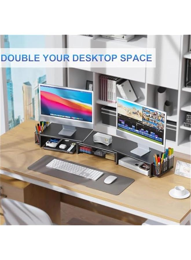 Arabest Dual Monitor Stand Riser, Desk Organizer With Drawer and 2 Pen Holders, Computer Monitor Stand, Desk Shelf for Top of Desk, Balck  - Image 4