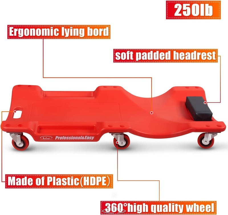 Keaa 40'' Mechanic Creeper with Heavy-Duty Caster, Low Profile Creeper Automotive, Vehicle Repair Garage Creepers with Padded Headrest, Red - Image 3