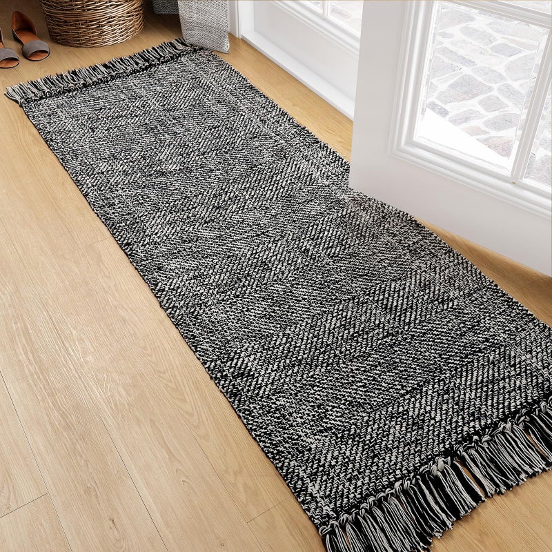 Collive Hallway Runner Rug 2 x 5 Soft Washable Kitchen Runner Rug Black Contemporary Modern Laundry Room Rugs Indoor HandWoven Cotton Carpet for Bedroom Entryway Front Door Farmhouse