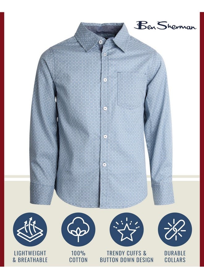 Ben Sherman - Ben Sherman Boys' Dress Shirts - Long Sleeve Casual Button Down Collared Shirts for Boys (8-18), Size 10-12, Blue Square Dots - Image 1