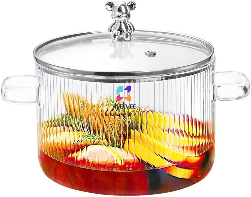 KELVEE 1.5L Glass Pot for Gas Stove Top Cooking, Heat Resistant Glass Boiling Saucepan with Lid for Pasta, Noodle, Soup, Milk, Simmer Pot Utensils for Kitchen Cookware Set Home (Linning - 1.6L) - Image 1