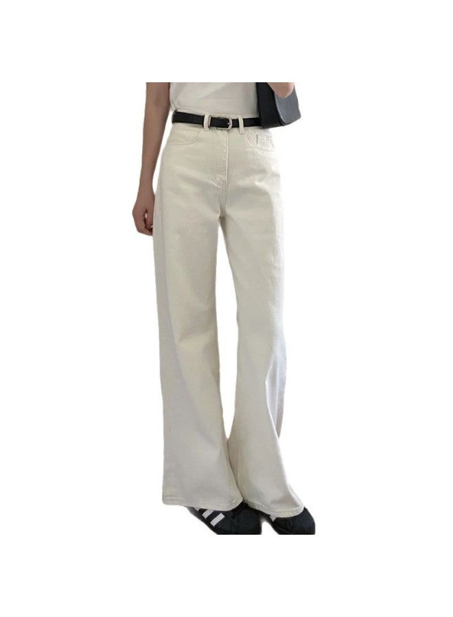 White Straight-leg Jeans For Women, Autumn And Winter New Style, High-waisted, Slimming, Petite, Fleece-lined, Loose, Narrow Wide-leg Pants - Image 5