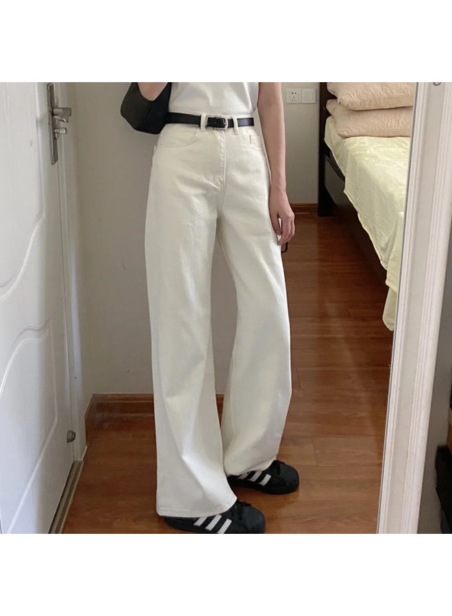 White Straight-leg Jeans For Women, Autumn And Winter New Style, High-waisted, Slimming, Petite, Fleece-lined, Loose, Narrow Wide-leg Pants - Image 2