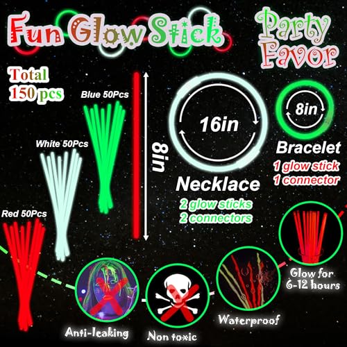 ILHSTY 150 Pcs 8 Green Red White Christmas Glow Sticks Glow Necklaces In The Dark Party Favors Supplies Bright GlowSticks Bulk with Accessories for Birthday Christmas Stocking Stuffers - Image 5