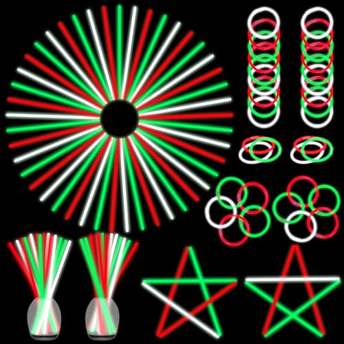 ILHSTY 150 Pcs 8 Green Red White Christmas Glow Sticks Glow Necklaces In The Dark Party Favors Supplies Bright GlowSticks Bulk with Accessories for Birthday Christmas Stocking Stuffers - Image 1