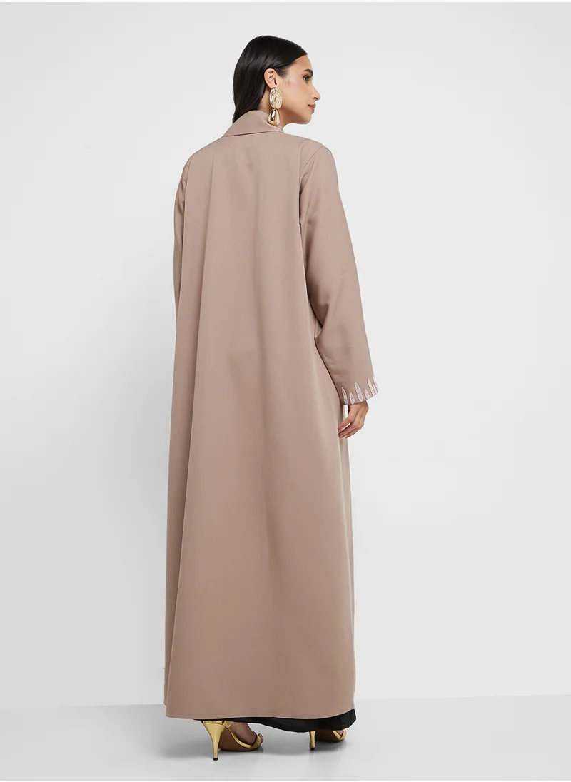 hayas closet open front embroidered flared sleeve abaya