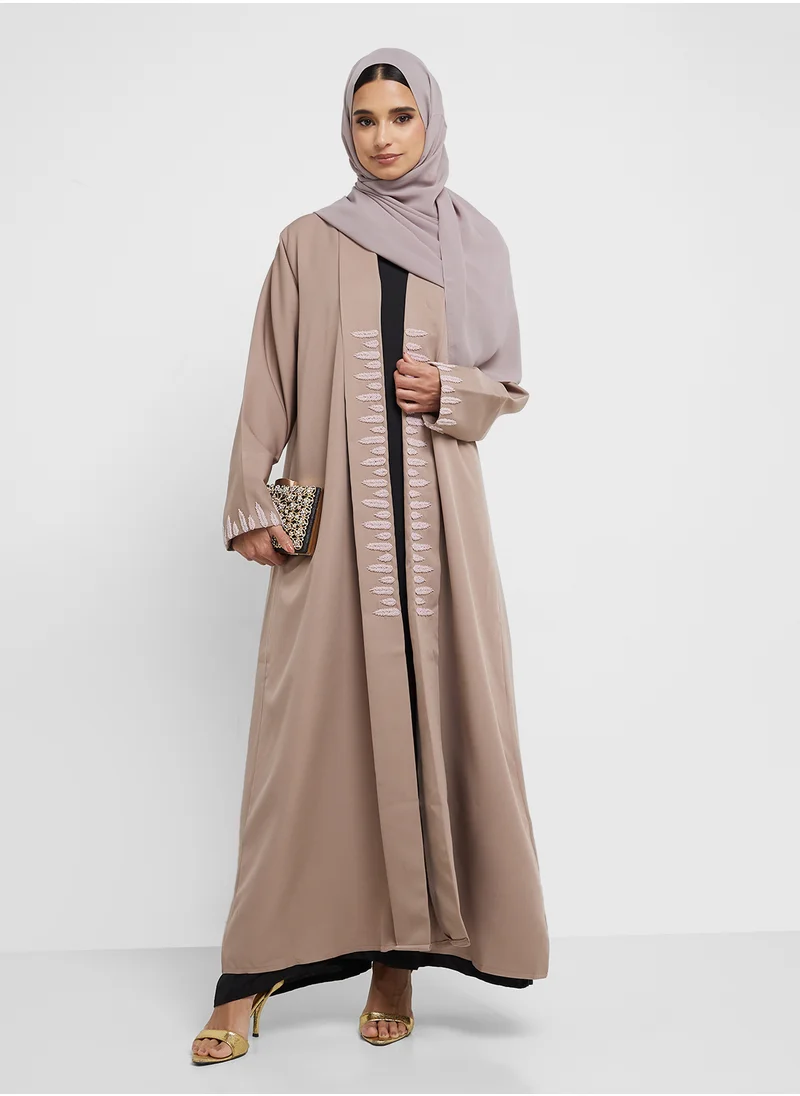 hayas closet open front embroidered flared sleeve abaya