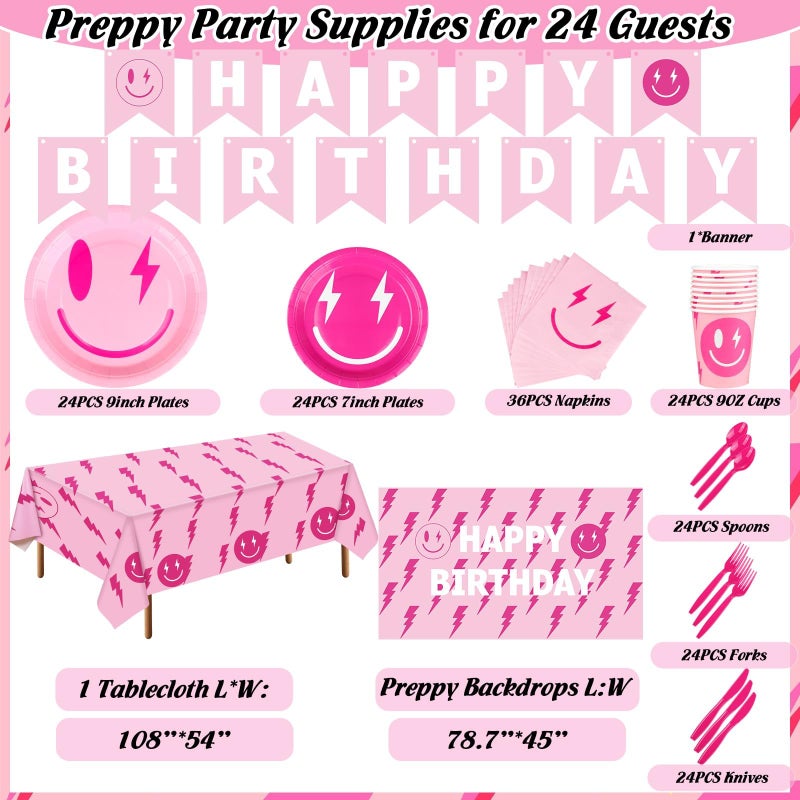TWOWYHI 183 Pieces Preppy Birthday Party Decorations for 24 Guests Preppy Tablecloth Paper Plates Napkins Forks Knives Spoons Banner for Birthday Theme Party - Image 3
