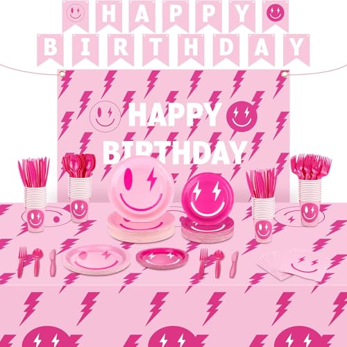 TWOWYHI 183 Pieces Preppy Birthday Party Decorations for 24 Guests Preppy Tablecloth Paper Plates Napkins Forks Knives Spoons Banner for Birthday Theme Party - Image 1