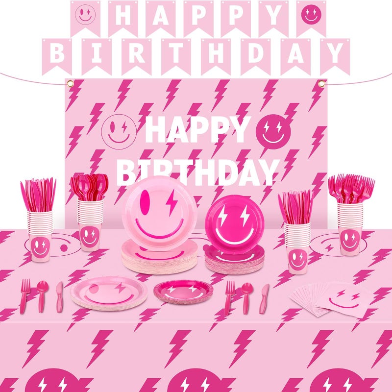 TWOWYHI 183 Pieces Preppy Birthday Party Decorations for 24 Guests Preppy Tablecloth Paper Plates Napkins Forks Knives Spoons Banner for Birthday Theme Party - Image 2