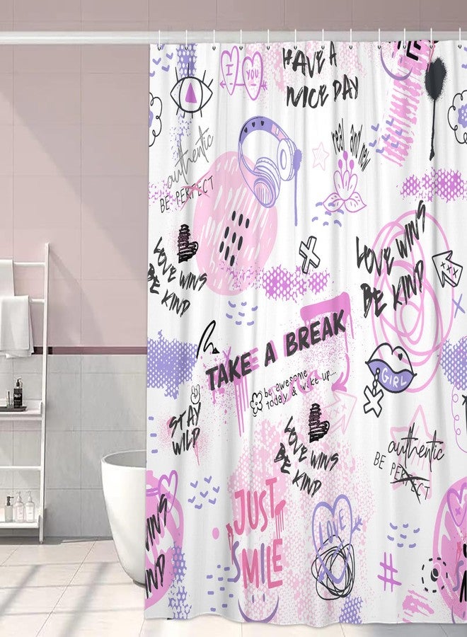 بينباي ستارة حمام بتصميم تجريدي باللونين الوردي والبنفسجي للبنات، طقم ستارة حمام مزين باقتباسات ملهمة، ستارة حمام قماشية أنيقة للنساء، إكسسوارات ديكور للحمام وحوض الاستحمام مع خطافات، مقاس 72 × 72 بوصة - Image 2