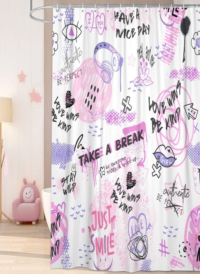 بينباي ستارة حمام بتصميم تجريدي باللونين الوردي والبنفسجي للبنات، طقم ستارة حمام مزين باقتباسات ملهمة، ستارة حمام قماشية أنيقة للنساء، إكسسوارات ديكور للحمام وحوض الاستحمام مع خطافات، مقاس 72 × 72 بوصة - Image 1