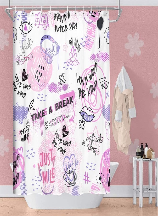 بينباي ستارة حمام بتصميم تجريدي باللونين الوردي والبنفسجي للبنات، طقم ستارة حمام مزين باقتباسات ملهمة، ستارة حمام قماشية أنيقة للنساء، إكسسوارات ديكور للحمام وحوض الاستحمام مع خطافات، مقاس 72 × 72 بوصة - Image 3