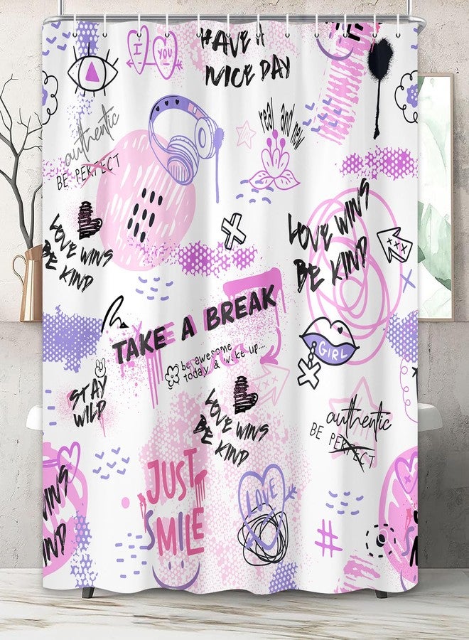 بينباي ستارة حمام بتصميم تجريدي باللونين الوردي والبنفسجي للبنات، طقم ستارة حمام مزين باقتباسات ملهمة، ستارة حمام قماشية أنيقة للنساء، إكسسوارات ديكور للحمام وحوض الاستحمام مع خطافات، مقاس 72 × 72 بوصة - Image 4