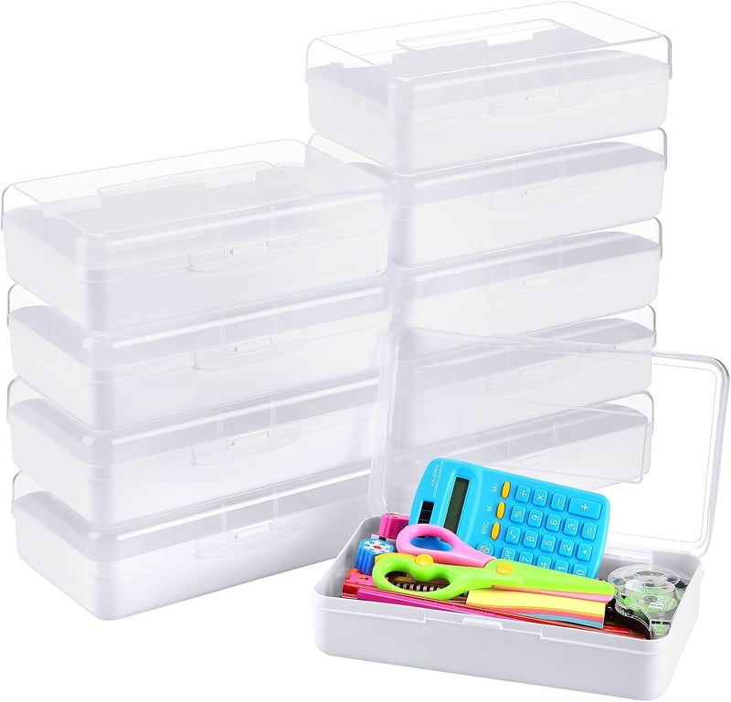 Fainne 10 Pcs Plastic Pencil Boxes Bulk Clear Large Capacity Pencil Cases with Snap Tight Lid, Crayon Box Storage Organizer Containers for School Office Supplies Student Adult Multi Purpose (Clear and White) - Image 1