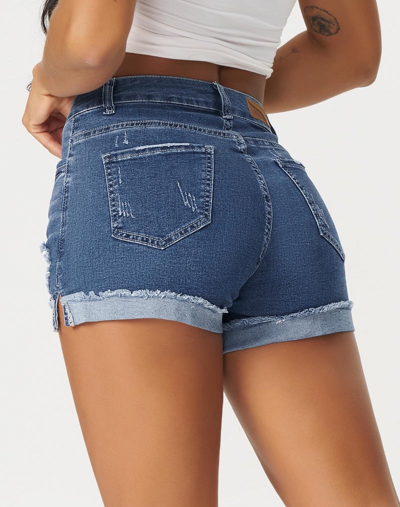 roswear Women's Ripped Mid Rise Stretchy Denim Jeans Shorts 5Blue Medium - Image 3