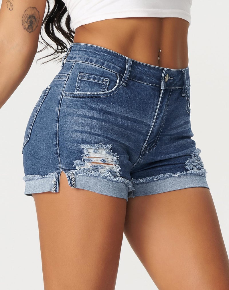 roswear Women's Ripped Mid Rise Stretchy Denim Jeans Shorts 5Blue Medium - Image 2