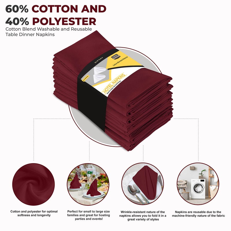 يوتوبيا كيتشين مناديل سفرة من القماش بلون بورجوندي من يوتوبيا كيتشن [عبوة من 12 قطعة، مقاس 18×18 بوصة] مناديل سفرة مصنوعة من مزيج القطن، قابلة للغسل وإعادة الاستخدام - Image 3