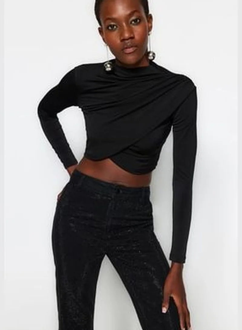 trendyol Black Stand-Up Collar Draped Crop Blouse TWOAW24BZ00164