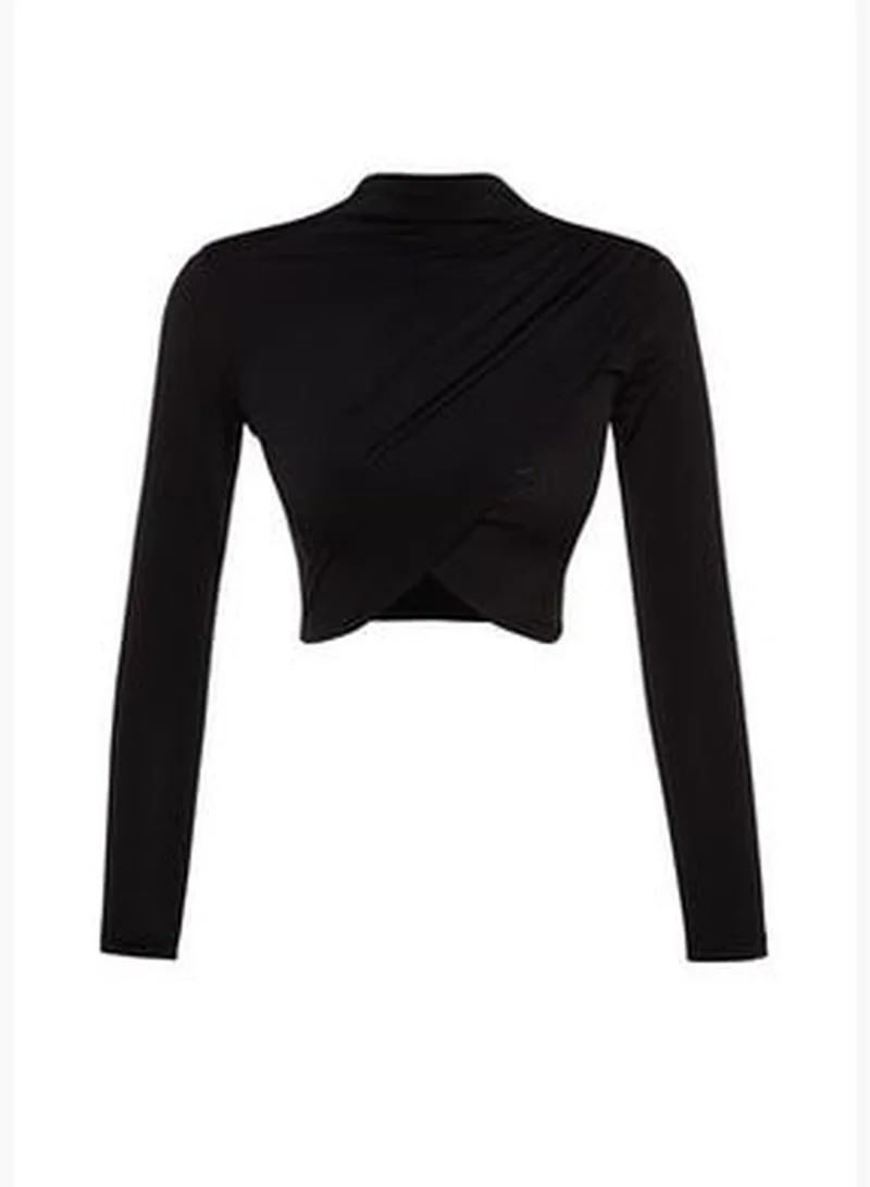 trendyol Black Stand-Up Collar Draped Crop Blouse TWOAW24BZ00164
