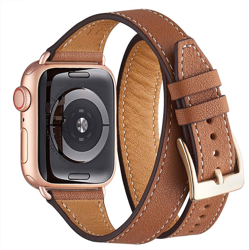 Bestig Compatible with Apple Watch Band 38mm/40mm/41mm/42mm(Series 10) for Women Men, Genuine Leather Double Tour Designed Slim Strap for iWatch Ultra SE Series 9 8 7 6 5 4 3 2 1 (Brown+Rose Gold) - Image 1