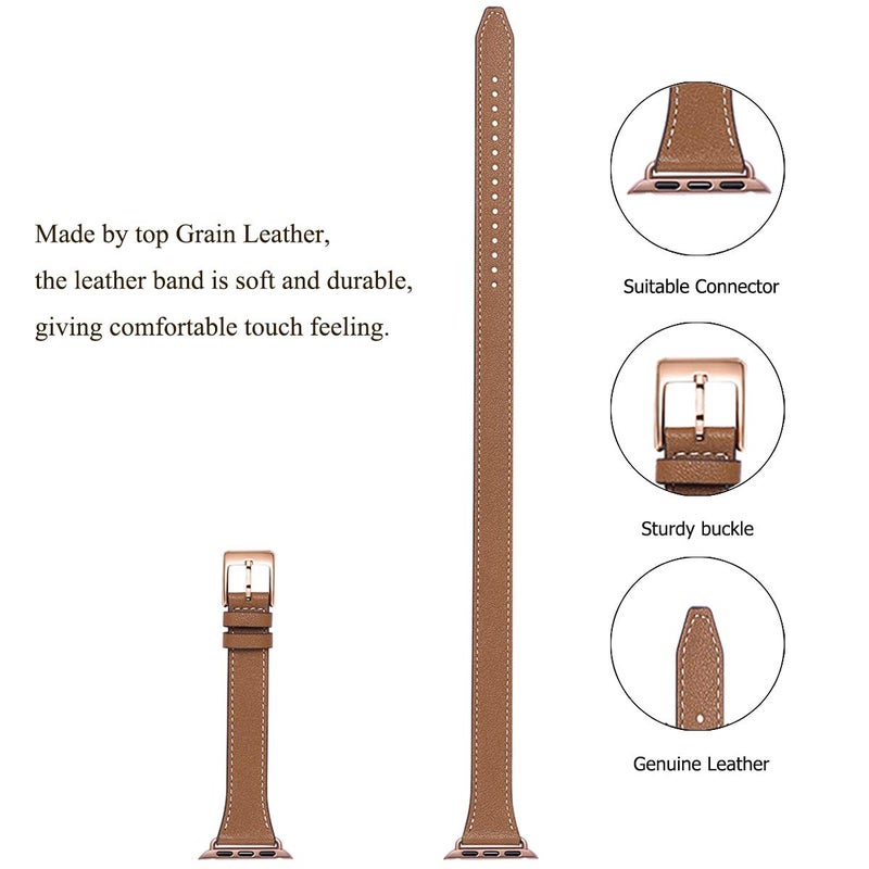 Bestig Compatible with Apple Watch Band 38mm/40mm/41mm/42mm(Series 10) for Women Men, Genuine Leather Double Tour Designed Slim Strap for iWatch Ultra SE Series 9 8 7 6 5 4 3 2 1 (Brown+Rose Gold) - Image 3