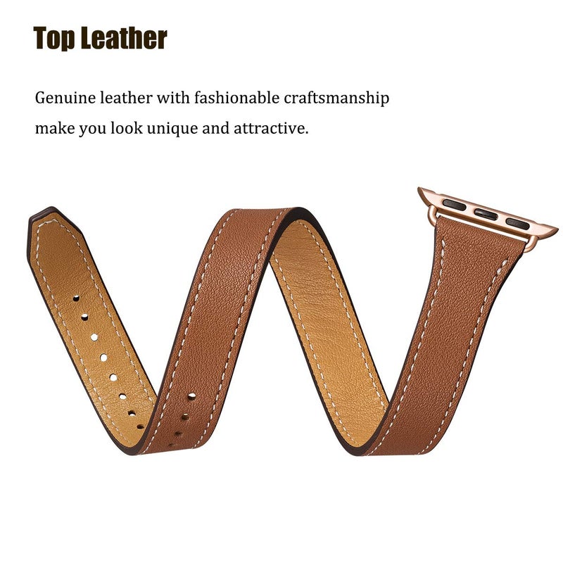 Bestig Compatible with Apple Watch Band 38mm/40mm/41mm/42mm(Series 10) for Women Men, Genuine Leather Double Tour Designed Slim Strap for iWatch Ultra SE Series 9 8 7 6 5 4 3 2 1 (Brown+Rose Gold) - Image 2