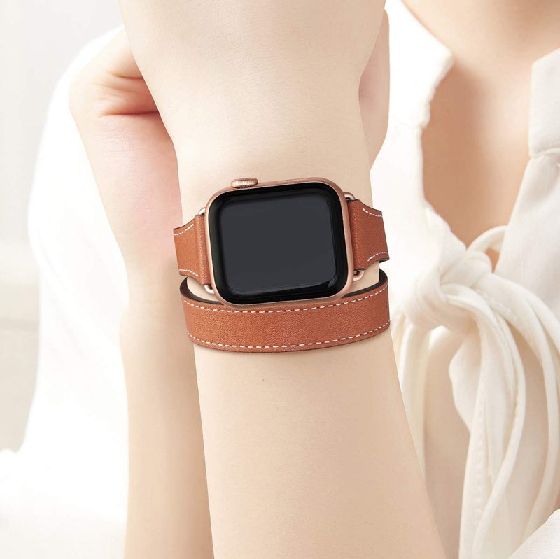 Bestig Compatible with Apple Watch Band 38mm/40mm/41mm/42mm(Series 10) for Women Men, Genuine Leather Double Tour Designed Slim Strap for iWatch Ultra SE Series 9 8 7 6 5 4 3 2 1 (Brown+Rose Gold) - Image 5