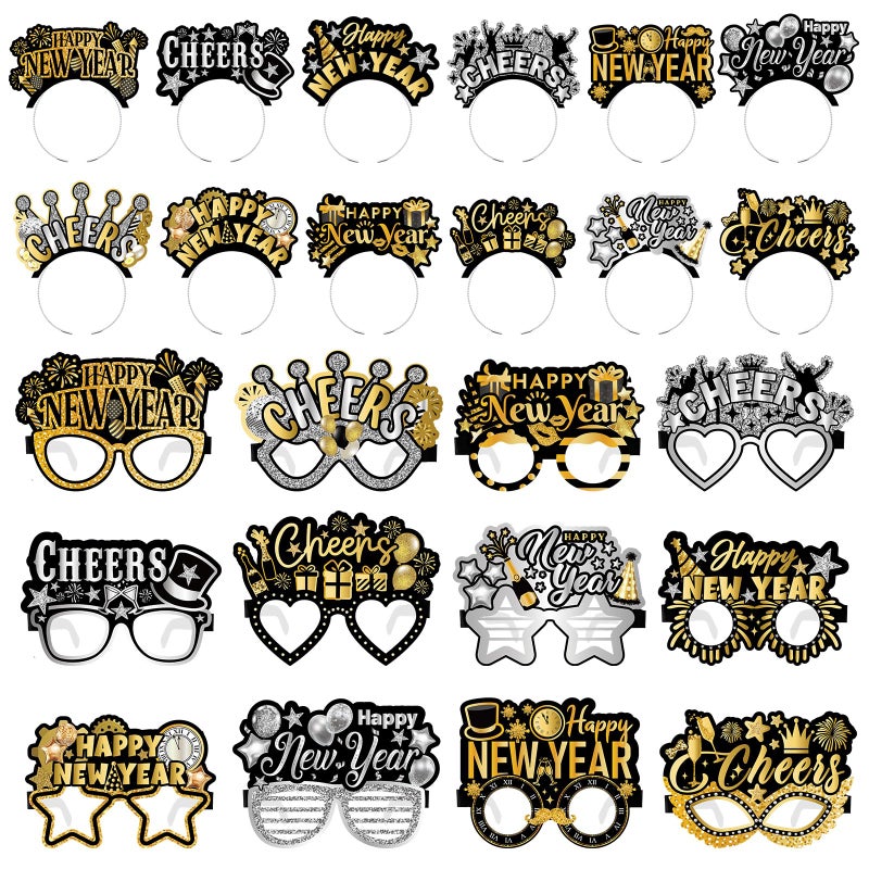 Harrycle 48 Pcs Happy New Year Party Favor 2026 Eyeglasses Headband Tiara Black Gold New Year Eve Party Supplies DecorationNovel Style - Image 3