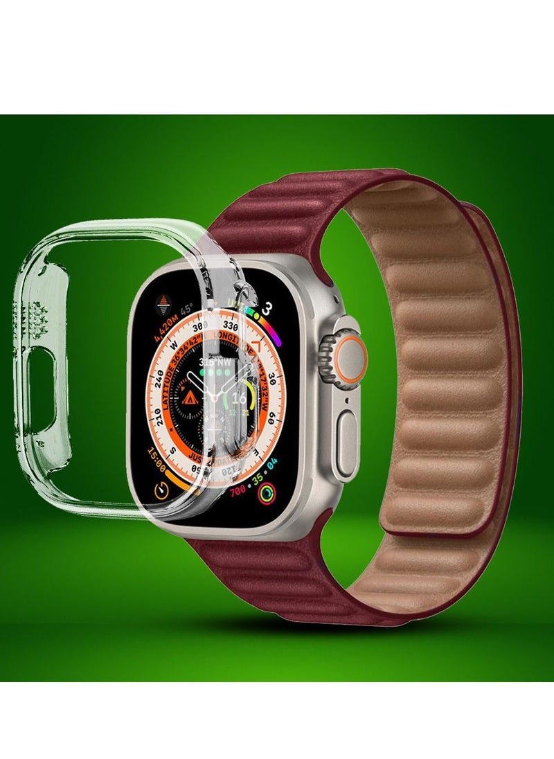 CATANES 2 Packs For Apple Watch Band 49mm Leather Link Strap Magnetic Loop Bracelet and Clear Cup Holder Dark Red  - Image 2
