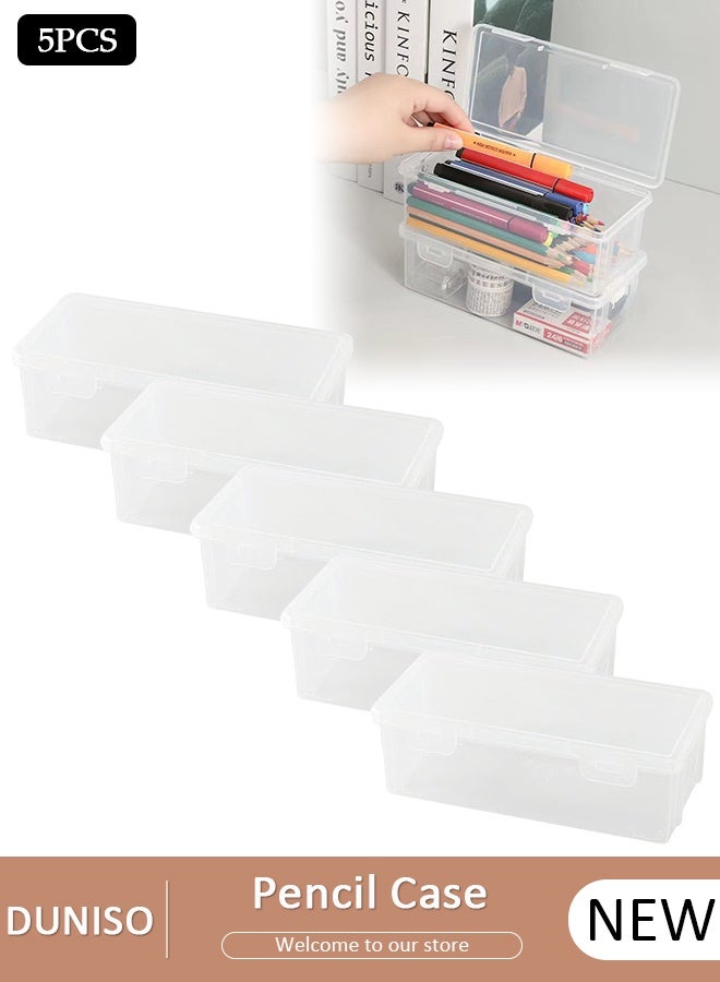 DUNISO 5 Pcs Large Capacity Transparent Storage Box with Hinged Lid ,Plastic Pencil Box with Lid Snap Closure– Pencil, Pen & Marker Organizer Case, Clear Plastic Container for School, Office & Craft Supplies, Desktop Stationery Storage - Image 1