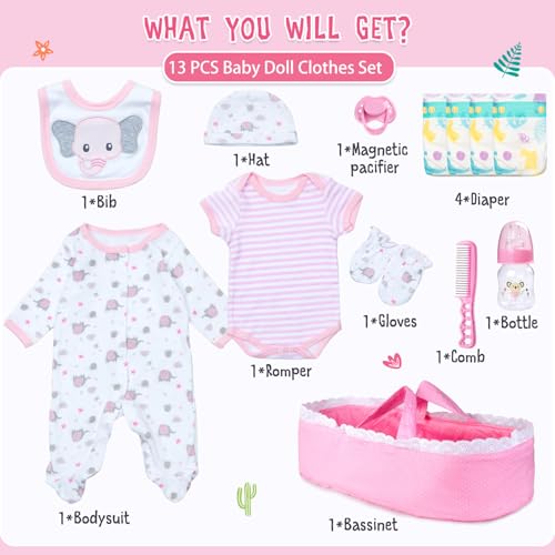 PEDOLLTREE 13 PCS Reborn Baby Doll Clothes Accessories Girl Accessories Outfit Pink Bassinet Set for 1722 Inch Reborn DollsNewborn Baby Girl Doll Clothes Blanket - Image 5