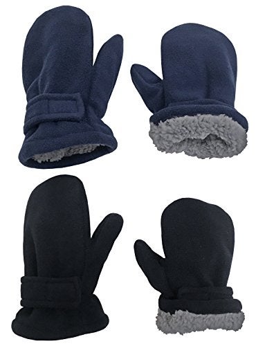 N'Ice Caps Baby Toddler Mittens Kids 2 Pairs Fleece Gloves Winter Warm Sherpa Lined Pack (Black/Navy Pack, 2-3 Years) - Image 1