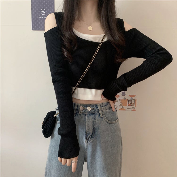 Short Design Niche Knitwear Long-Sleeved Bottoming T-Shirt Off-Shoulder Slim Fake Two-Piece Top