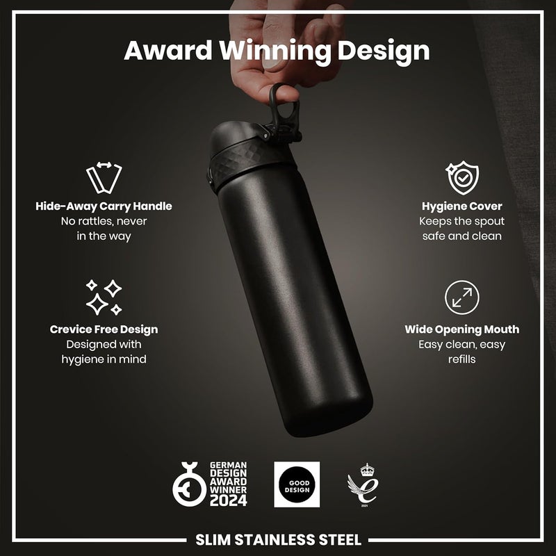 ION8 Lightweight Steel Water Bottle, 600 ml/20 oz, Non-Insulated, Leak Proof, Easy to Open, Secure Lock, Dishwasher Safe, Flip Cover, Fits Cup Holders, Carry Handle, Metal Water Bottle, Black - Image 5