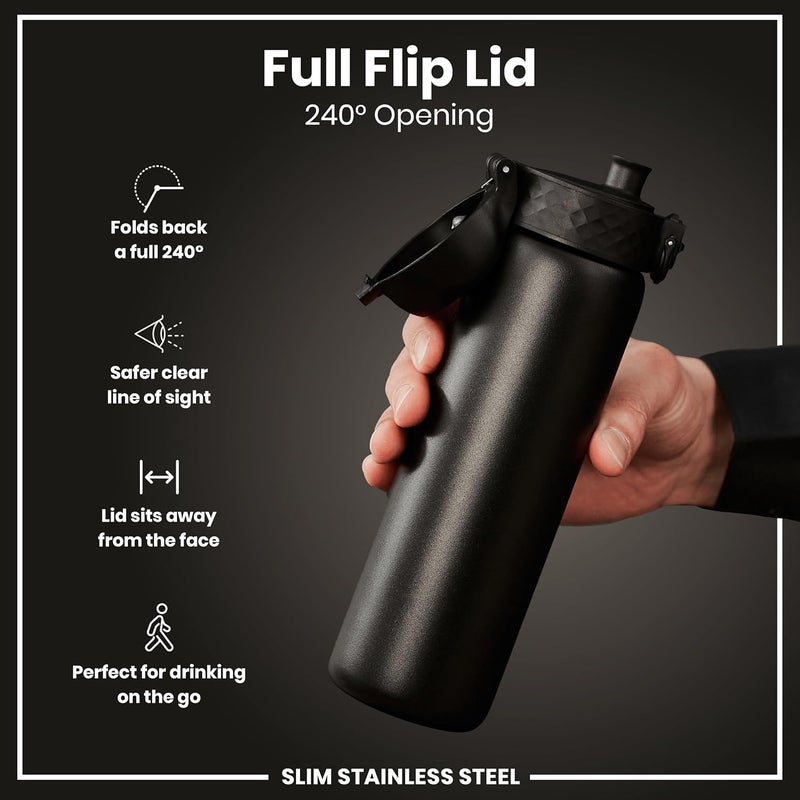 ION8 Lightweight Steel Water Bottle, 600 ml/20 oz, Non-Insulated, Leak Proof, Easy to Open, Secure Lock, Dishwasher Safe, Flip Cover, Fits Cup Holders, Carry Handle, Metal Water Bottle, Black - Image 3