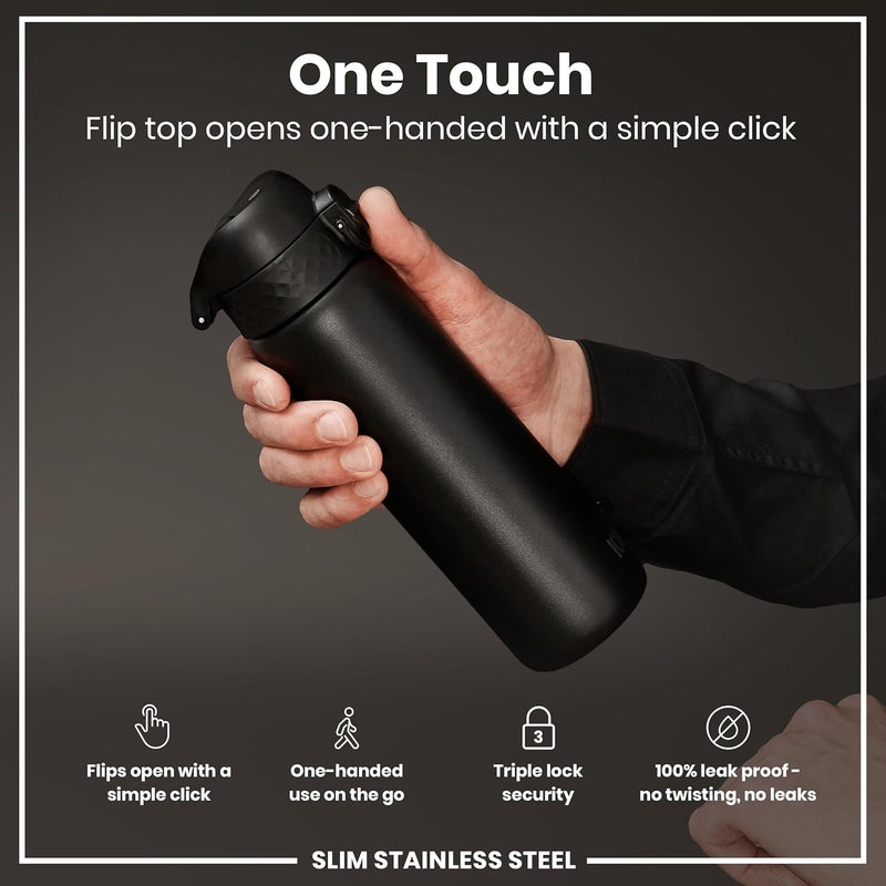 ION8 Lightweight Steel Water Bottle, 600 ml/20 oz, Non-Insulated, Leak Proof, Easy to Open, Secure Lock, Dishwasher Safe, Flip Cover, Fits Cup Holders, Carry Handle, Metal Water Bottle, Black - Image 2