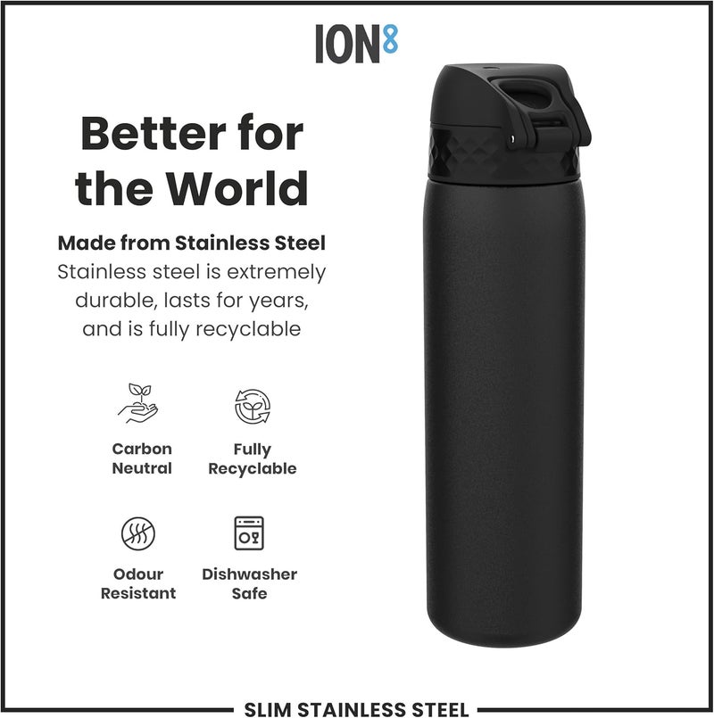 ION8 Lightweight Steel Water Bottle, 600 ml/20 oz, Non-Insulated, Leak Proof, Easy to Open, Secure Lock, Dishwasher Safe, Flip Cover, Fits Cup Holders, Carry Handle, Metal Water Bottle, Black - Image 4