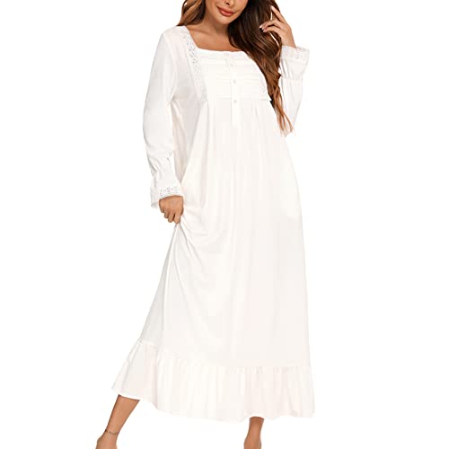 Homgro Women's Cotton Victorian Nightgown Long Sleeve Sleep Dress Lace Frill Calf Length Square Neck Billowy Old Fashioned Pajama Shirt Soft Sleepwear Long Nighty Pocket White Medium - Image 4