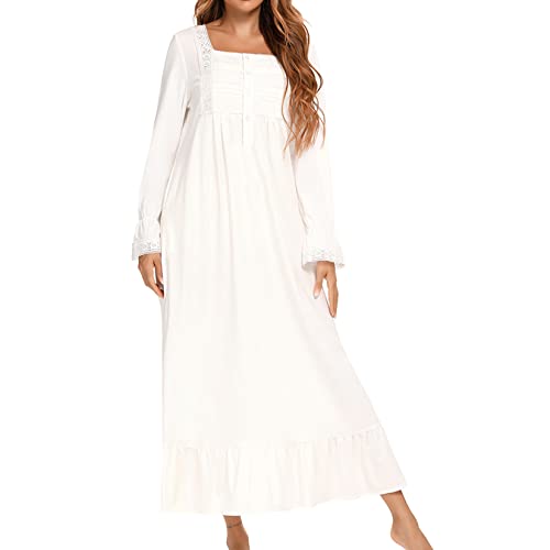Homgro Women's Cotton Victorian Nightgown Long Sleeve Sleep Dress Lace Frill Calf Length Square Neck Billowy Old Fashioned Pajama Shirt Soft Sleepwear Long Nighty Pocket White Medium - Image 2