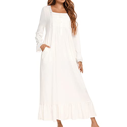Homgro Women's Cotton Victorian Nightgown Long Sleeve Sleep Dress Lace Frill Calf Length Square Neck Billowy Old Fashioned Pajama Shirt Soft Sleepwear Long Nighty Pocket White Medium - Image 1